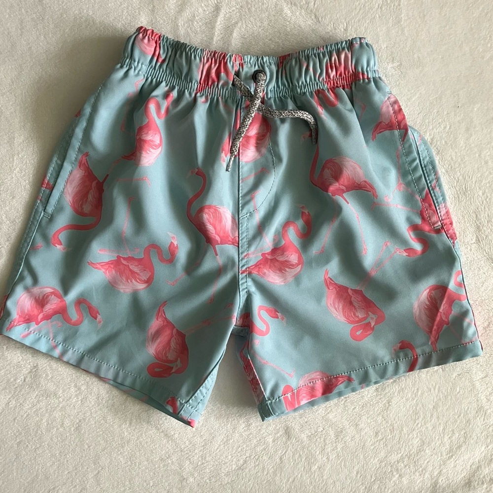 Boy’s Swim Trunks Vintage Summer Size 7 Elastic Drawstring Waist Flamingo Print.